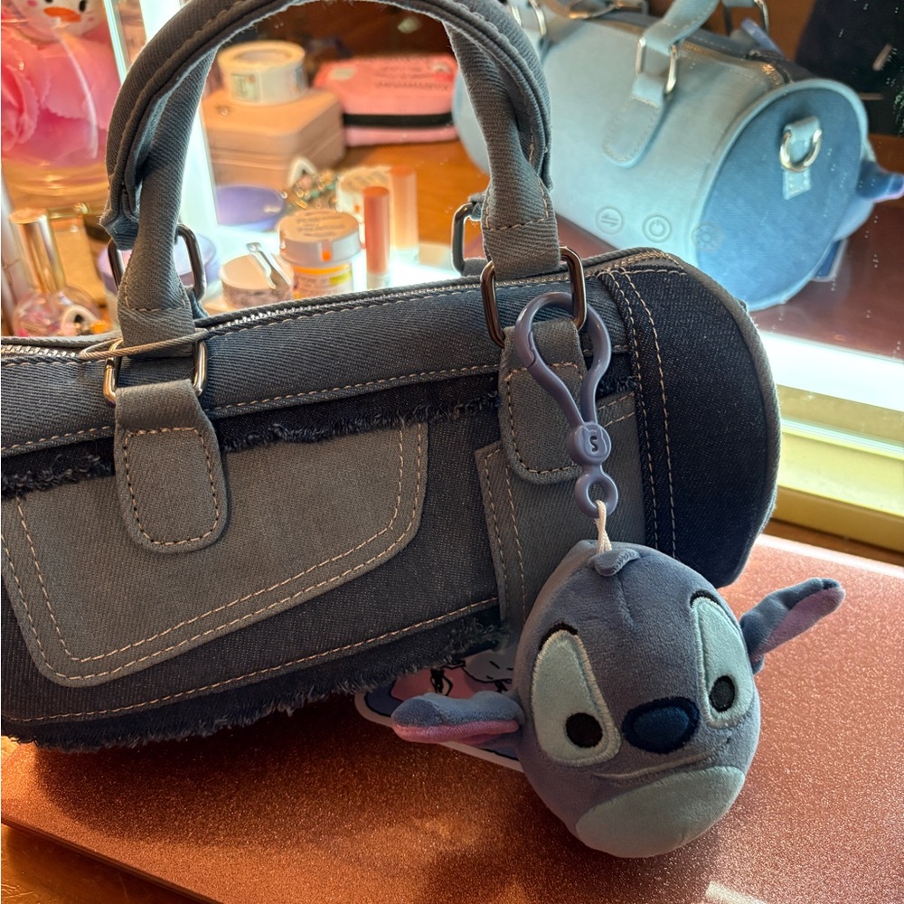 Blue Denim Handbag with Stitch Keychain